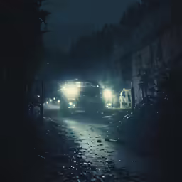two cars driving through the night fog on a road