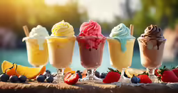 six ice cream and dessert sundaes, next to each other