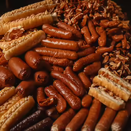 a display of cooked hot dogs and corn, nuts and nuts all around