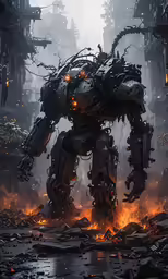 a sci filament standing in the midst of burning rubble