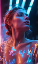 a woman posing in a dark room with neon lights on
