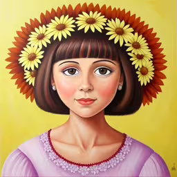 a portrait of a young woman with sunflowers on her head