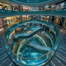 a futuristic mall has an escalator going up it,a huge empty shopping mall with escalators