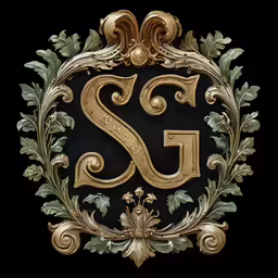 the letter s made of gold with green leaves on a black background
