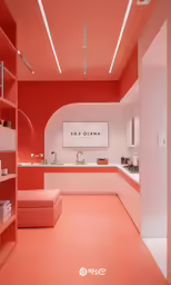 a room with pink walls, shelves and lots of cabinets