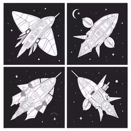 four outer space vehicles with different types of planes