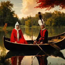 two women in red sitting on a canoe in a lake,two women in red riding in a canoe on a lake