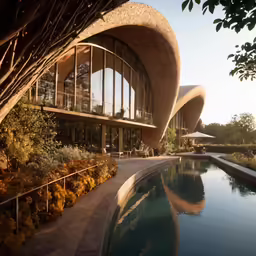 a large circular building next to a river