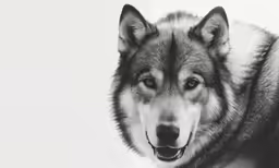 the black and white dog looks up from the snow