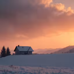 a house in the middle of a snowy mountain