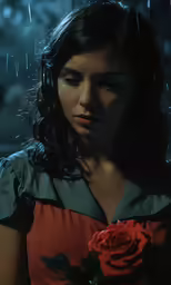 a girl stands in the rain with her hand over her shoulder