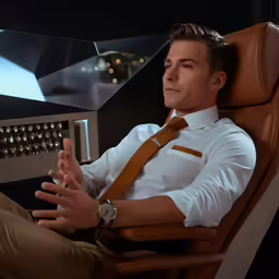 the man is relaxing in his leather chair