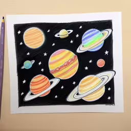 a drawing of an artwork with different planets and stars