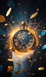 a gold clock that is being held in front of a hand