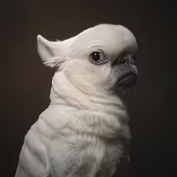 a white dog with big eyes sitting in the middle of a photo