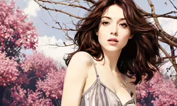 a woman with brown hair is wearing a halter top