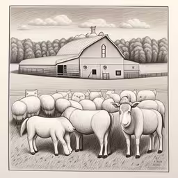 a group of sheep standing in front of a barn,a drawing of sheep grazing in front of a barn