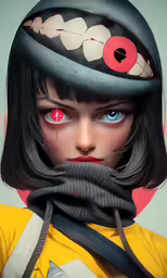 a woman with big blue eyes and a helmet over her head