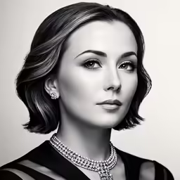 black and white photo of a woman with large necklaces