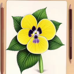 a colored flower is on the paper,a card with a drawing of a yellow flower