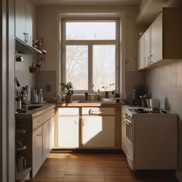 the sun shines in through two windows in a kitchen