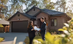 two women stand in front of a house while talking
