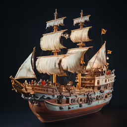 a model sailing ship with many people on board