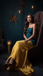 the young woman is wearing a long yellow dress
