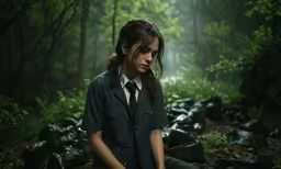 a young woman is sitting in the forest