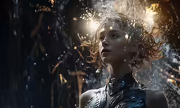the girl is wearing leather clothing, with a lot of rain