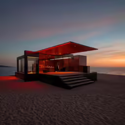 an image of a modern structure on the beach at sunset