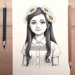 drawing of a girl with flowers in her hair and long black hair,a drawing of a girl with long dark hair wearing a daisies on her head