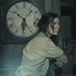 a woman with face paint leaning on a clock