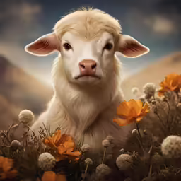 a sheep standing in the middle of a field of yellow flowers