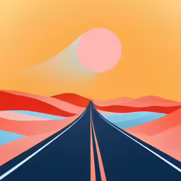 the road is going down the hill with a orange sky