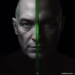 a man in black shirt looking at something with a green stripe around his face