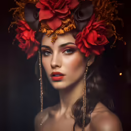 a beautiful woman wearing a red flower crown