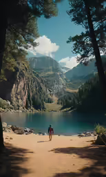a person standing in front of a lake in the mountains
