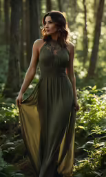 a young woman in a green gown poses for the camera