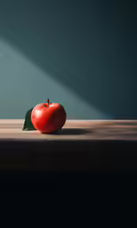 an apple on the table with light streaming through