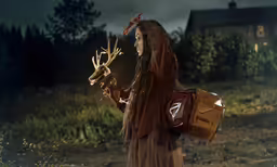 a man dressed as an elk in the dark