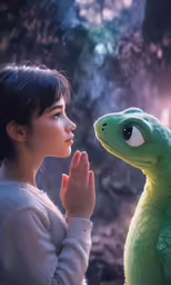 a woman standing next to a small green monster