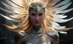a woman dressed up in a armor with feathers and wings