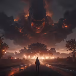 a man walking away from an enormous monster with flames
