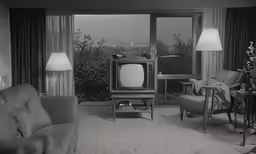 a black and white photo of a room with a tv and two chairs