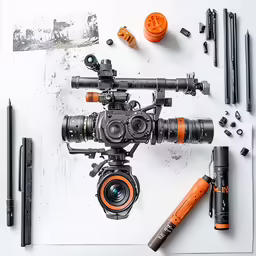many different types of art equipment laying out on the table