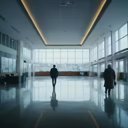 two people walking down the hall inside of a building