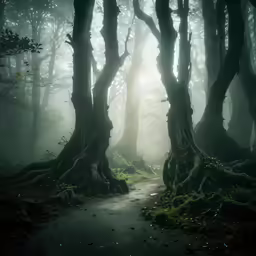 a path running through a foggy forest at night