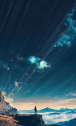 the man on top of the mountain looks at the sky
