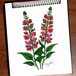 a drawing of a bunch of pink flowers,the colorful drawing shows a plant on the page,an artistic hand - colored illustration of the pink flowers,drawing of pink flowers on white notebook on a wooden table,a drawing of pink flowers on a wood surface
